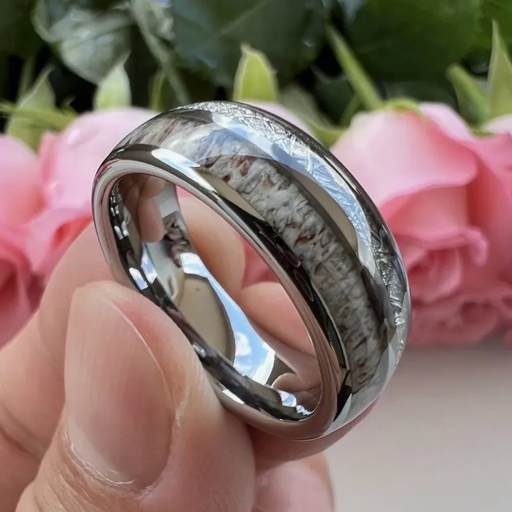 Men’s 304 Stainless Steel Silver Meteorite and Deer Antler Inlay Wedding Ring - Picture 3 of 12
